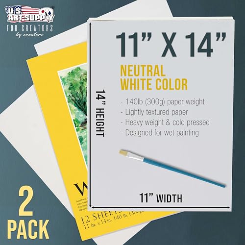 U.S. Art Supply 11" x 14" Premium Heavyweight Watercolor Paper Pad, 2-Pack - size: 11-x-14-inch
