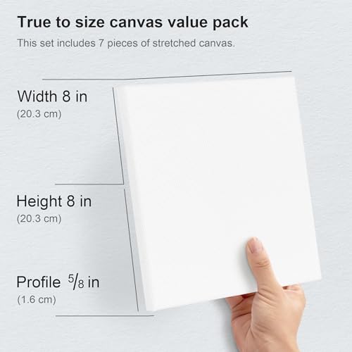 PHOENIX Stretched Canvas for Painting 8x8 Inch/7 Value Pack, 8 Oz Triple Primed 5/8 Inch Profile 100% Cotton White Blank Canvas, Square Framed Canvas for Oil Acrylic & Pouring Art - size: 8"x8", style: Studio Set (8 Oz.)
