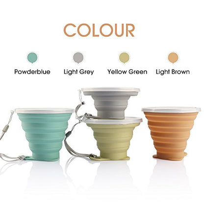 ME.FAN Silicone Collapsible Travel Cup - Silicone Folding Camping Cup with Lids - Expandable Drinking Cup Set - Portable, Graduated [9.22oz] - color: 4 Pack-Powderblue-Light Gray-Yellow Green-Light Brown