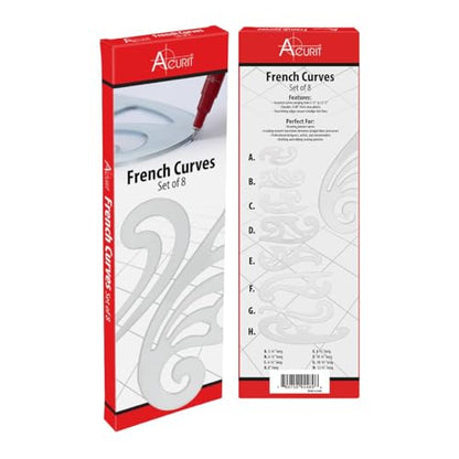 Acurit French Curve Set of 8 – Clear Plastic Drawing Templates for Sewing, Pattern Making, Drafting, Fashion Design, Architecture, Graphic Illustration – Smudge-Free Inking Edges
