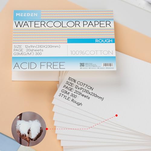 MEEDEN Cotton Watercolor Paper Block: 9" x 12" Rough Grain of 20 Sheets | 140lb/300gsm 100% Cotton Watercolor Paper Pad, Acid-free Art Paper for Painting, Drawing, Watercolor, Gouache, Ink and More - color: Rough Grain, size: 9×12"