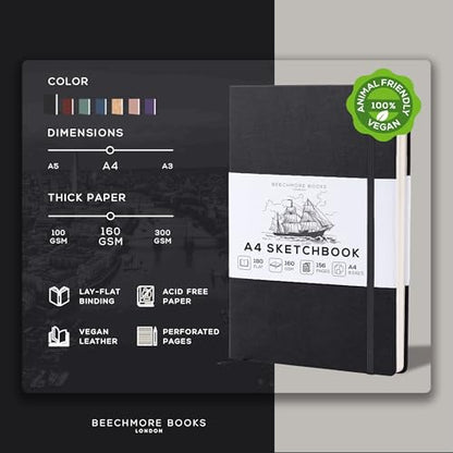 Beechmore Books A4 8.5x11 Mixed Media Sketchbook 160 GSM/98LB with Gift Box - color: Charcoal Black, size: A4 - 8.5" x 11.5" Large
