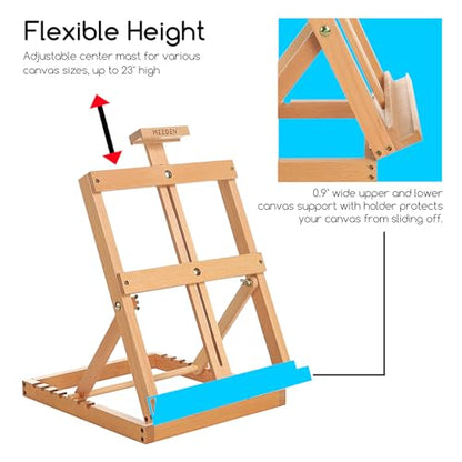 MEEDEN Heavy-Duty Tabletop Studio H-Frame Wooden Easel- Solid Beech Wood Adjustable Artists Desktop Wood Easel Table for Artist, Beginners & Teens- Holds Canvas Art up to 23" High