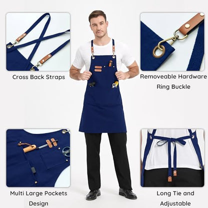 Chef Canvas Aprons with 3 Large Pockets Adjustable Strap for Men Women - color: Blue