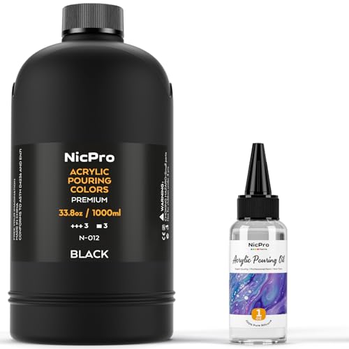 Nicpro Jet Black Color Acrylic Pour Paint, 33.8 Ounce Pre-Mixed Pouring Paint Supplies with Silicone Pour Oil & Gloves for Canvas, Rock, Wood Cell Creation Flow DIY Art Painting, Ready to Pour | Supplies with Silicone Pour Oil & Gloves for Canvas, Rock, W