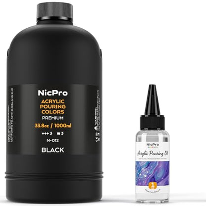 Nicpro Jet Black Color Acrylic Pour Paint, 33.8 Ounce Pre-Mixed Pouring Paint Supplies with Silicone Pour Oil & Gloves for Canvas, Rock, Wood Cell Creation Flow DIY Art Painting, Ready to Pour | Supplies with Silicone Pour Oil & Gloves for Canvas, Rock, W