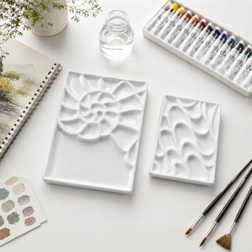 Bower Bird Ceramic Watercolor Palette,Conch +Wave Artist Professional Porcelain Palettes for Painting,for Acrylic,Gouache,Watercolor,Painting,Ceramic Mixing Tray