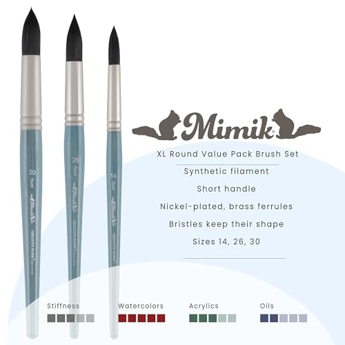 Creative Mark Mimik Professional Watercolor Brushes - XL Round Set of 3 - Synthetic Squirrel Hair - Natural Bristle Artist Brushes for Watercolors, Gouache & Acrylics
