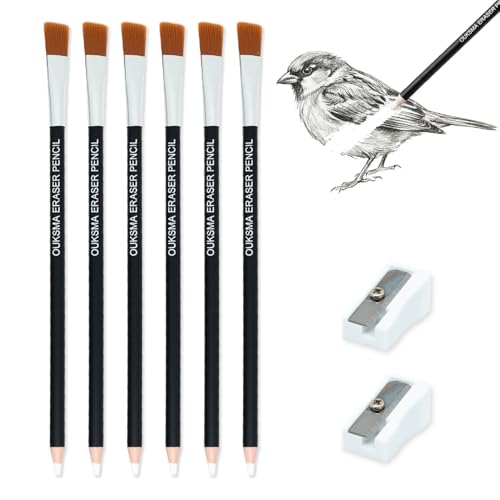 Eraser Pencil Set with Brush and Sharpener, Precision Detail Erasers for Sketching, Drawing, Highlights, Texture Shaping, Art Supplies (6 Eraser Pencils + 2 Sharpeners) - style: 6 Eraser Pencils + 2 Sharpeners