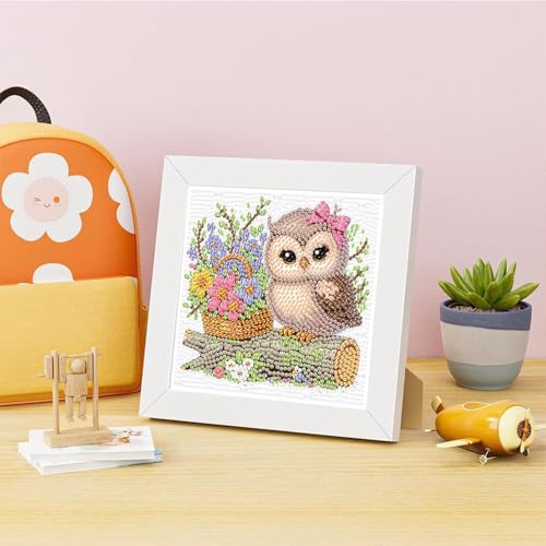 Ajepon Owl Diamond Art Kit for Kids, Ages 8-12, 7x7 Inch, Modern Style, Crystal Diamonds, Includes Canvas, Frame, Tools, Non-Foldable - color: CC193