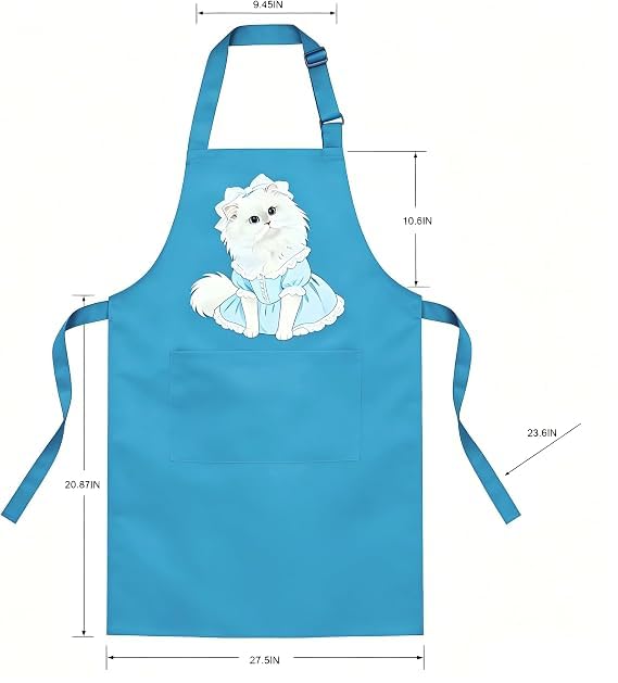 Unisex Cat Chef Apron, Adjustable Strap with Two Pockets | Thick waterproof fabric, machine washable. 27.5×31.5 in. Dual pockets for phones. Dual neck straps, long ties, cute cat print - color: Blue