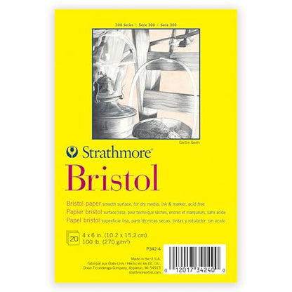 Strathmore 300 Series Bristol Paper Pad, Smooth Texture, Tape Binding, 20 Sheets, White, 4x6 inch, 1 Count