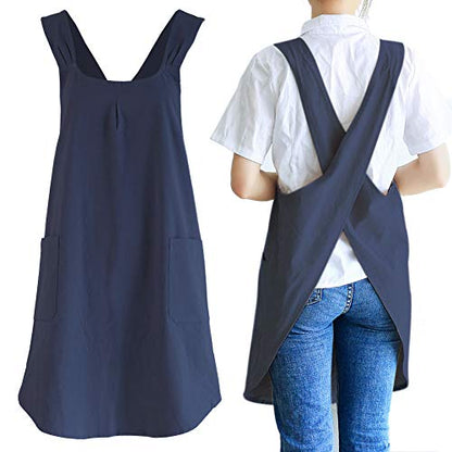 NEWGEM Japanese Cotton Linen Cross Back Cooking Apron for Women Men with Pockets Cute for Baking Kitchen - color: 03 - Women's Navy Blue