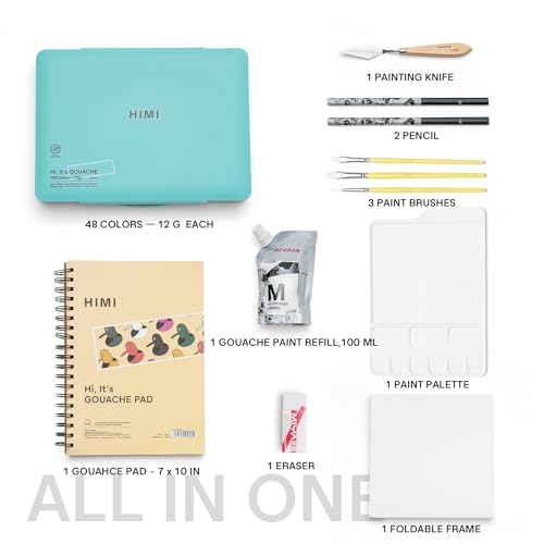 HIMI 48 Colors Twin Cup Jelly Gouache Paint Set, – Complete Art Kit with Pad, Paint Refill, Palette, Brushes, Painting Knife, Foldable Frame for Beginners, Students & Artists