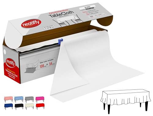 Neatiffy Disposable Plastic Table Cloth Roll | 54 in x 108 Ft Waterproof Tablecloth | Table Cover for Rectangle, Square, Round Oval Tables | Picnic, Party, Banquet, Birthdays, Weddings - White - color: White