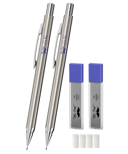 Mr. Pen- Metal Mechanical Pencil Set with Lead Refills & Erasers, 2 Pack | 0.5mm, 4x Tubes 2B Lead Refill, 4x Eraser Refills for School Supplies, Note Taking, Drawing, Sketching, Office - style: 0.5mm