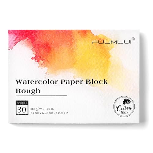 Fuumuui 5×7 Watercolor Paper Block, Textured Rough 100% Cotton Watercolor Paper, 140lb/300gsm, 30 Sheets, Acid-Free, Art Paper for Painting & Drawing, Wet, Mixed Media, Rough Grain - color: Rough, size: 5”×7“