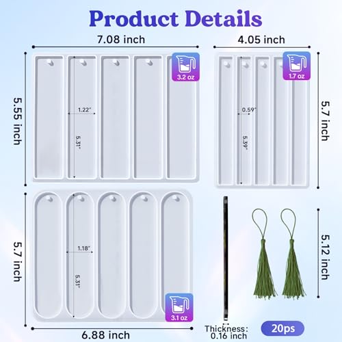 LET'S RESIN Bookmark Silicone Molds Set - 3 Shapes with 20Pcs Tassels - size: 3 style