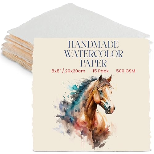Wanderings Thick Handmade Watercolor Paper with Deckled Edge - 8" x 8" - 500GSM Premium Ivory Cold-Pressed Textured Mixed Media Paper Made with Recycled Cotton - 15 Loose Leaf Sheets - color: Ivory, size: 8x8 inches