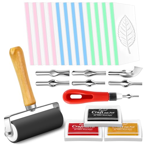 17 Pack Linoleum Block Stamp Making Kit, 12pcs 4"x2.4" Rubber Carving Blocks, 3 Ink Pads, Brayer Roller & 6 Type Blades Carving Tools for DIY Stamp Making for Beginners (Blue/Pink/Green, Peelable) - color: 12pack, size: 4"x2.4"