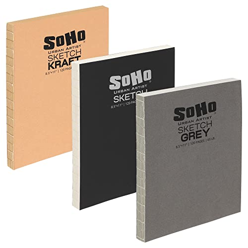 SoHo Urban Artist Open Bound Sketch Pads - Open Coptic Bound Sketch Pads for Drawing, Calligraphy, Any Dry Media, & More! - [Grey, White, & Kraft - 8.5x11-3 Pack] - color: Grey, White, & Kraft, size: 8.5x11"