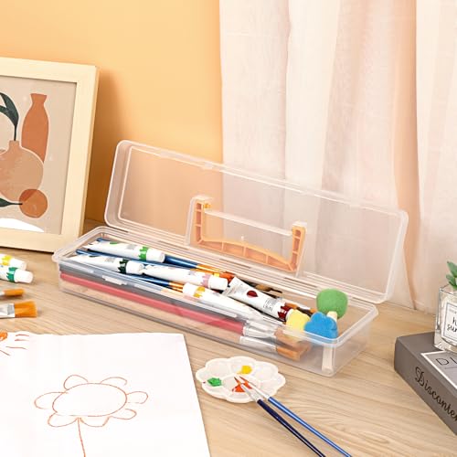 BTSKY 1 Pack Clear Plastic Painting Brush Container with Yellow Handle, Portable Long Paintbrush Case, Drawing Tools Storage Box, Practical Art Supply Organizer for Artist Crafters, 13.1"x3.7"x2.4"