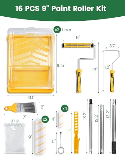 VOOMEY Paint Roller Kit with Extension Pole - 9 Inch Paint Roller with Tray - style: 16 pcs paint roller kit