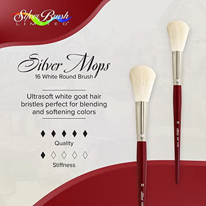 Silver Brush Limited Silver Mop White Round Oil Paintbrush, Size 16 | Acrylic, Watercolor, Pastels, Charcoal, Short Handle, Flagged Bristle, Soft Natural Goat Hair, Wash, Blending, Softening - size: Size 16