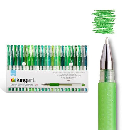 KINGART 400-24G Comfort Grip Gel Pens, Set of 24 Unique Green Tone Colors - color: Green Tone