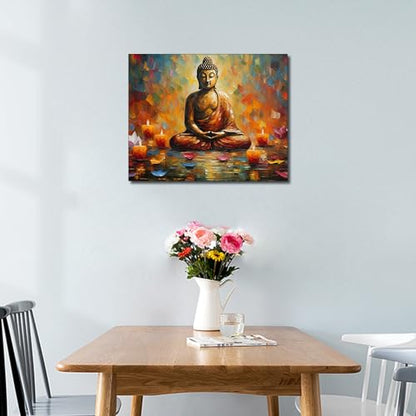 TUMOVO Buddha DIY Paint by Number Colourful Abstract Paint by Numbers for Adults Kids Beginner Paint by Numbers on Canvas Statue with Lotus Flower and Candle Ornament Oil Painting Kits 16"x20"Framed - color: Buddha Wooden Frame