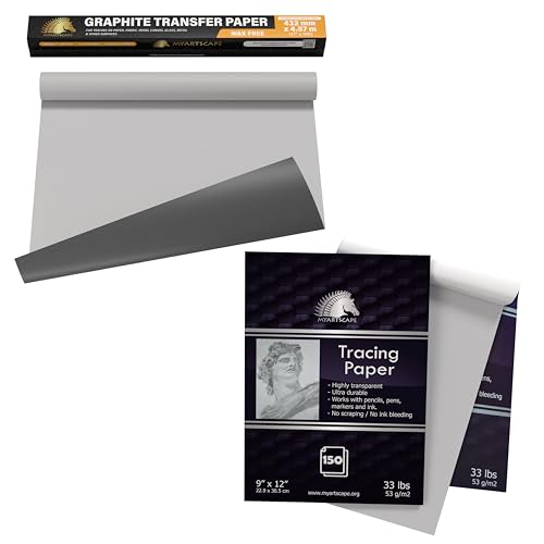MyArtscape Graphite Transfer Paper Roll, Wax-Free, 17" x 15ft Transfer Paper Roll with Tracing Paper Pad - 33lb - 9" x 12" - 150 Transparent Sheets
