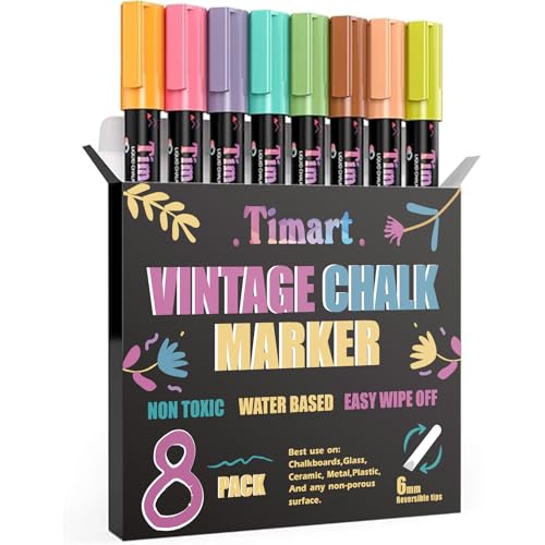 Timart Vintage Liquid Chalk Markers, 6mm, 8 Pack | Reversible Tip, Wet & Dry Erase, with Chalkboard Labels, Marker Pens for Chalkboards Signs, Blackboards, Windows, Glass - color: Vintage 6mm Reversible Tip