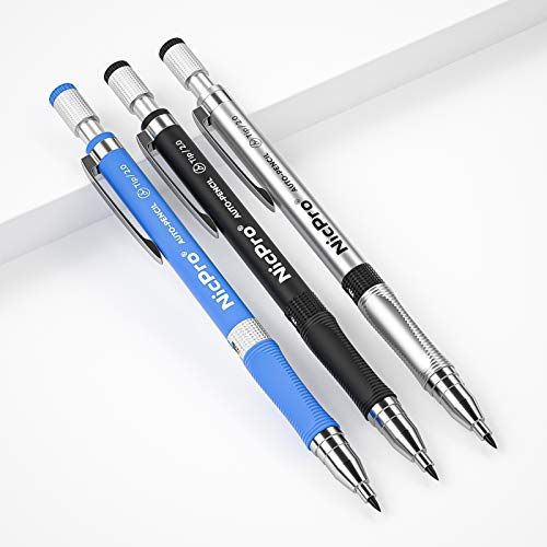 Nicpro 11 Pieces Colors 2mm Mechanical Pencil Set, 3 PCS Carpenter Drafting Pencil 2.0 mm for Art Drawing Writing Sketching Construction with 6 Tube Pre-Sharpen 2B & Color Refill, Eraser, Sharpener - color: Black & Colors