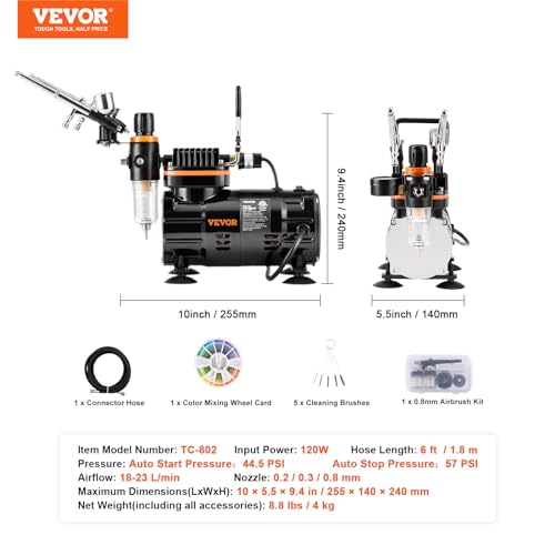 VEVOR Airbrush Kit, Professional Airbrush Set with 1/5 HP Compressor & 3 Airbrushes, Airbrushing System Kit with Multi-Purpose Dual-Action Gravity Feed Airbrushes, Art Nail Cookie Tatto - color: 3 Airbrushes Set