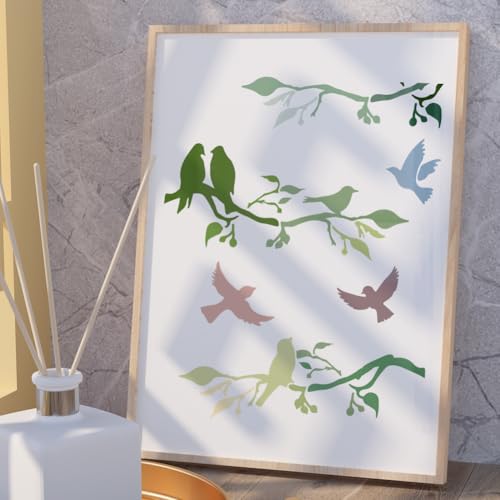Birds On Branch Wall Stencil Template 11.8 x 11.8 Inch Reusable Plastic Stencil for Painting on Wood Wall Floor Tile Fabric Glass DIY Home Decor | 11.8" x 11.8" Plastic Craft Stencil, Branch Bird Wall Stencil, DIY Home Decor Template for Wood Wall Floor T
