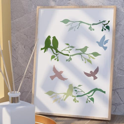 Birds On Branch Wall Stencil Template 11.8 x 11.8 Inch Reusable Plastic Stencil for Painting on Wood Wall Floor Tile Fabric Glass DIY Home Decor | 11.8" x 11.8" Plastic Craft Stencil, Branch Bird Wall Stencil, DIY Home Decor Template for Wood Wall Floor T