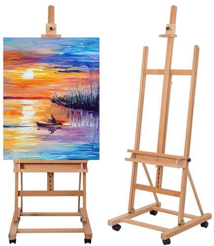 Beechwood H-Frame Artist Studio Easel with Wheels and Storage Tray, Natural | Adjustable Floor Easel Stand Holding Canvas up to 51Inches for Painting - style: Natural