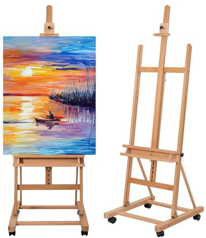 Beechwood H-Frame Artist Studio Easel with Wheels and Storage Tray, Natural | Adjustable Floor Easel Stand Holding Canvas up to 51Inches for Painting - style: Natural