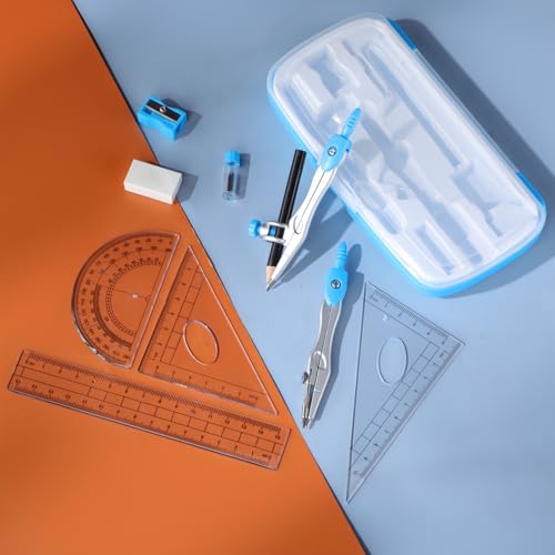 Zonon Math Geometry Set for Students 10 Pcs Compass Geometry Tools Kit Includes Protractor Compass Lead Refills Rulers Pencil Sharpener Eraser Pencil Storage Box for Drafting and Drawings(Blue) - color: Blue