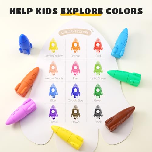 JUPITEARTH Rocket Crayons, Toddler Crayons, Non-Toxic & Washable, 12 Colors | Crayons for Toddlers 1-3, Kids Crayons Ages 2-4, Easy-to-Hold & Mess-Free Coloring Preschool Supplies