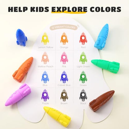 JUPITEARTH Rocket Crayons, Toddler Crayons, Non-Toxic & Washable, 12 Colors | Crayons for Toddlers 1-3, Kids Crayons Ages 2-4, Easy-to-Hold & Mess-Free Coloring Preschool Supplies