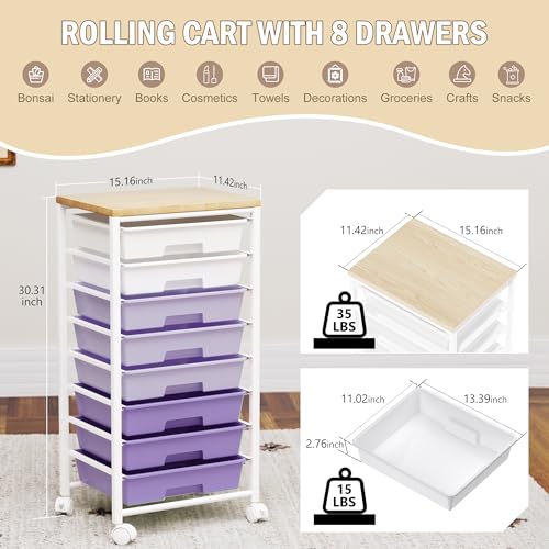 Rolling Cart with 8 Drawers, Storage Drawers Cart with Wooden Tabletop and Lockable Wheels, Craft Storage for Living Room, Office, Classroom, Craft Room, Bedroom (Purple) - color: Purple
