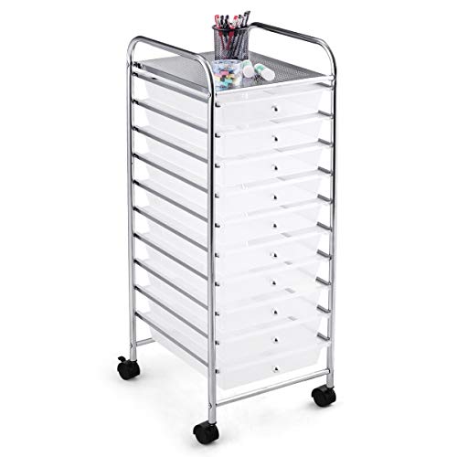 RELAX4LIFE Storage Cart W/10 Drawers,Rolling Wheels Mobile Cart | 34"H Metal Frame, Semi-Transparent Removable Drawers Rolling Wheels For Office School Home Beauty Salon File Craft Storage - color: Clear, size: 34''H