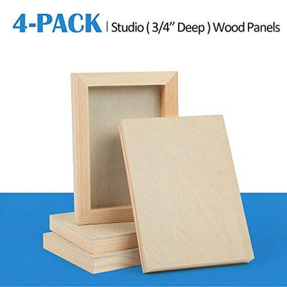 4 Pack 5x7’’ Unfinished Birch Wood Panels Kit for Painting | Studio 3/4’’ Deep Wooden Canvas, Cradle Boards for Acrylic Pouring, Art, Crafts, Epoxy Resin, Laser Engraving Cutting - size: 5'' x 7'' Studio