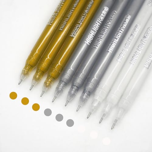 Gel Pens with 0.6mm Fine Point, 9 Colors Acrylic Drawing Gel Pen | Smooth Writing Pen Set for Journaling, Gold Silver White, Drawing Pencils for Adult Coloring Books - color: Gold Silver White
