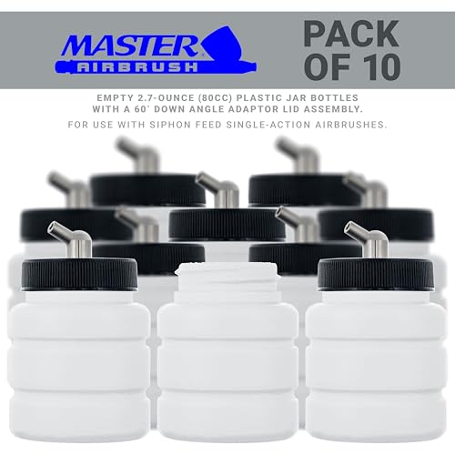 Master Airbrush (Pack of 10) TB-005 Empty 2.7-Ounce (80cc) Plastic Jar Bottles with 60° Down Angle Adaptor Lid Assembly - Fits Single-Action Siphon Feed Airbrushes, Use on Master Badger Paasche Iwata - size: 2.7oz - Plastic - 60°