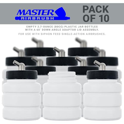 Master Airbrush (Pack of 10) TB-005 Empty 2.7-Ounce (80cc) Plastic Jar Bottles with 60° Down Angle Adaptor Lid Assembly - Fits Single-Action Siphon Feed Airbrushes, Use on Master Badger Paasche Iwata - size: 2.7oz - Plastic - 60°