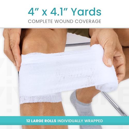 Vive Care XL Gauze Wrap Roll for Wounds (12 Count) Large Sterile Rolls - Individually Wrapped Medical Bandages HSA/FSA Approved - Extra Absorbent & Adhesive Gauze - 4"x4.1" Yards | Individually Wrapped Medical Bandages HSA/FSA Approved - Extra Absorbent &
