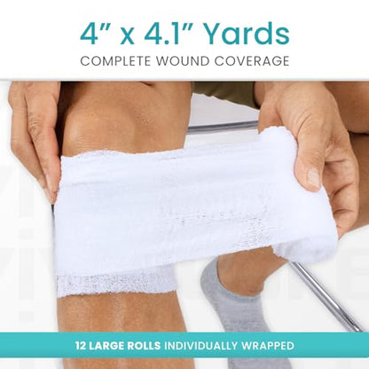 Vive Care XL Gauze Wrap Roll for Wounds (12 Count) Large Sterile Rolls - Individually Wrapped Medical Bandages HSA/FSA Approved - Extra Absorbent & Adhesive Gauze - 4"x4.1" Yards | Individually Wrapped Medical Bandages HSA/FSA Approved - Extra Absorbent &
