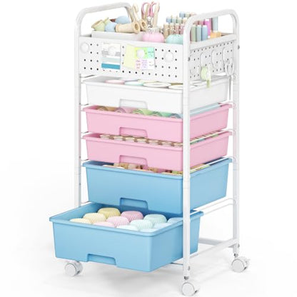 5 Drawer Rolling Storage Cart with Pegboard Top and Hooks, Pink&Blue - color: Pink&Blue, size: 5-Drawers